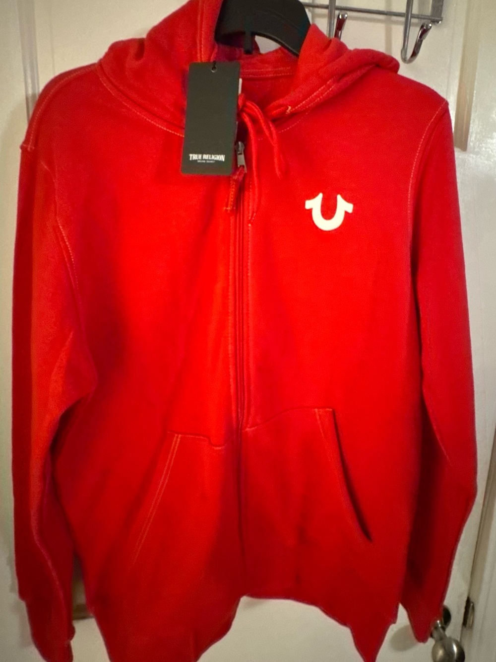 True Religion Men's Red Full Zip Hoodie Hooded Pockets Buddha Graphic Logo M